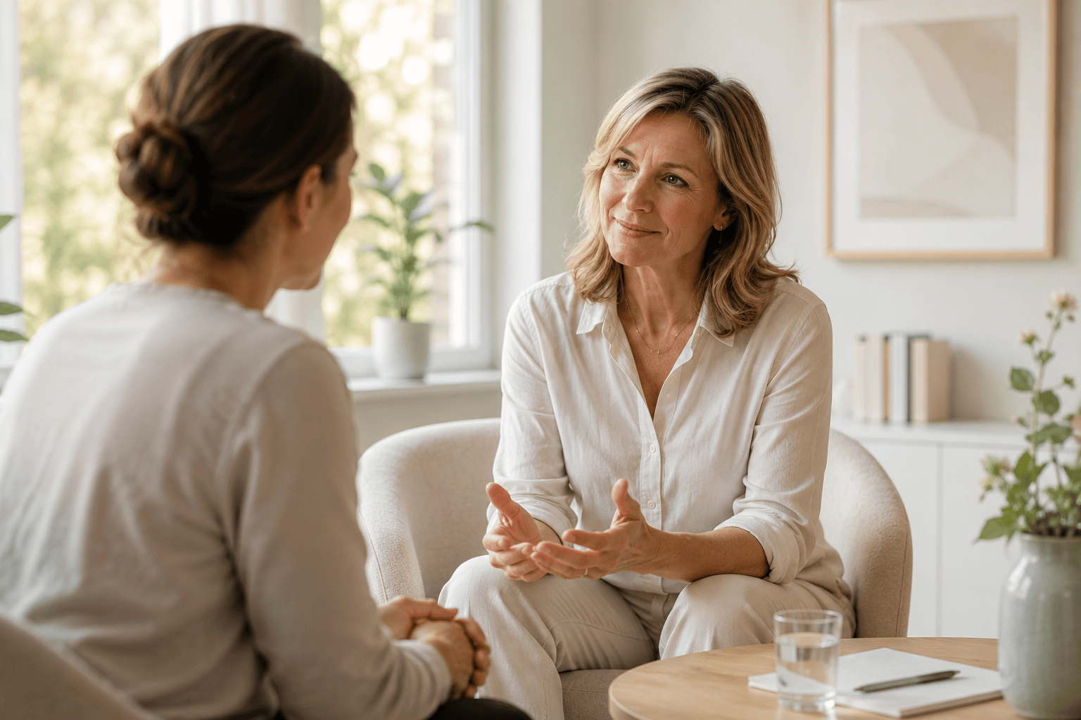 Coaching für Führungskräfte: Coach und Klientin im Gespräch in einem hellen Beratungsraum